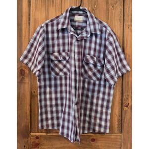 Sears Work Shirt Mens XL Maroon Blue Plaid Excellent Vintage Perma-Prest USA